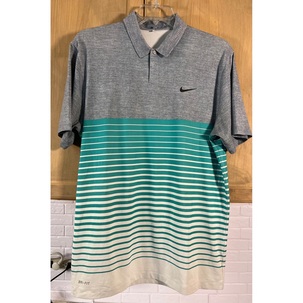 Nike Golf Tiger Woods Polo Men Size M Teal Grey Striped Dri-FIT Shirt